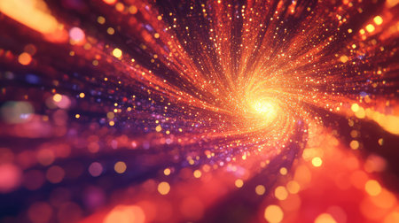 Sparkling golden particles forming an abstract colorful swirlの写真素材