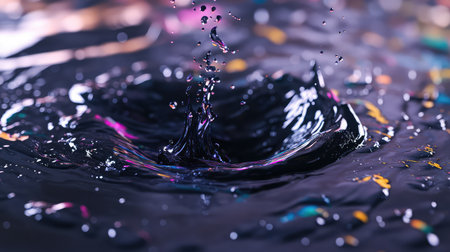 Dark liquid splash creating vibrant colorful ripples