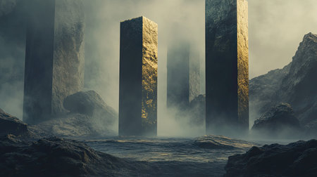 Golden monoliths rising from misty rocky landscapeの写真素材
