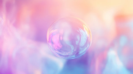 Abstract iridescent bubble sphere floating on colorful pastel background