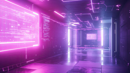 Holographic screens displaying digital data in server corridor