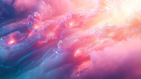 Ethereal glowing energy forms flowing through cosmic clouds