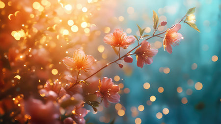 Cherry blossoms blooming with golden light bokeh background