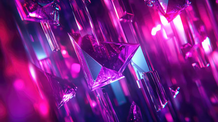 Abstract crystal geometry shapes glowing purple background