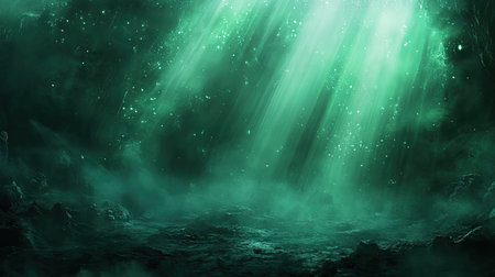 Deep mystic underwater ocean scene with shining lightの写真素材