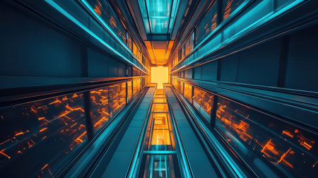 Abstract building perspective with vibrant glowing reflectionsの写真素材