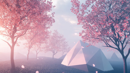 Cherry blossom landscape with geometric pyramids and falling petals