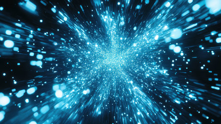 Bursting blue light particles expanding in space