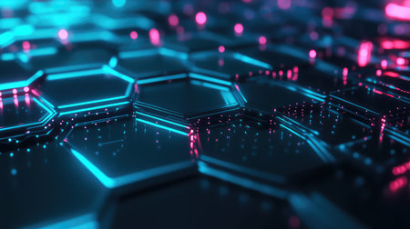 Digital data flowing on futuristic glowing hexagonal network gridの写真素材