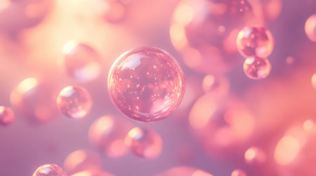 Pink transparent bubbles floating in vibrant abstract light