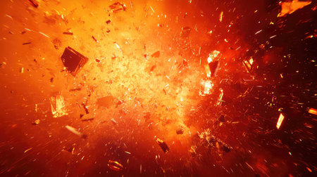 Fiery explosion producing flying debris and glowing particles