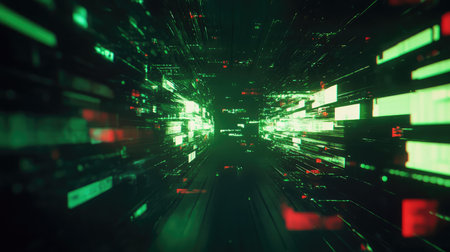 Digital data stream flowing through cyberspace tunnel