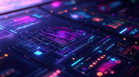 Digital data processing visualizing information on a futuristic interfaceの写真素材