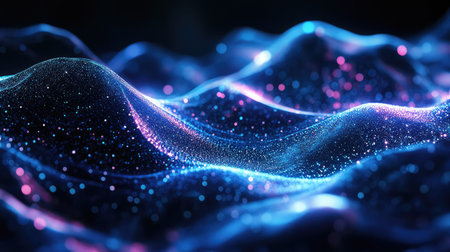 Glowing particles forming abstract digital wave surface