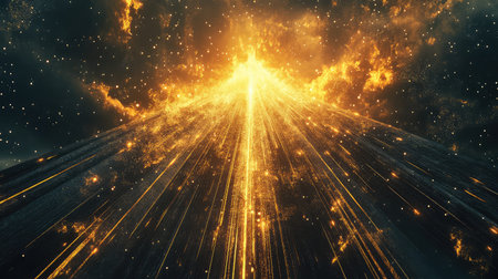 Golden light rays shining up into cosmic sky