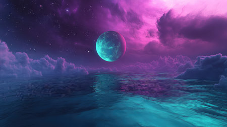 Alien planet floating over glowing ocean under neon skyの写真素材