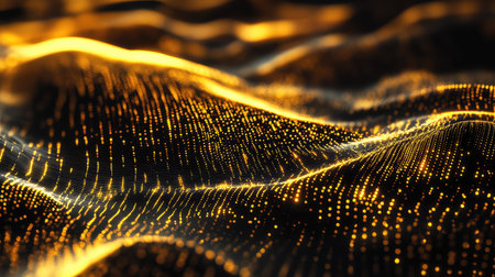 Golden data stream flowing in dynamic particle waves