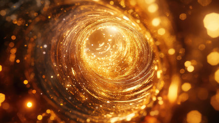 Golden glittering particles swirling forming energy wormhole tunnel