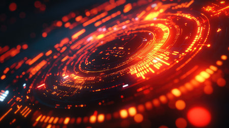 Digital data stream flowing in glowing red circular interface