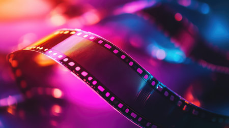 Movie film strip reflecting vibrant neon colors