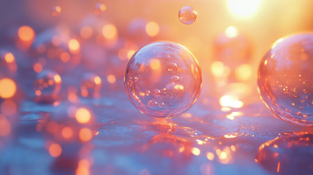 Abstract bubbles floating on liquid surface with glowing bokeh
