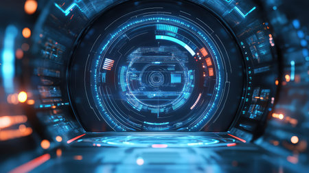 Navigating futuristic tunnel displaying digital interface with glowing hud elementsの写真素材