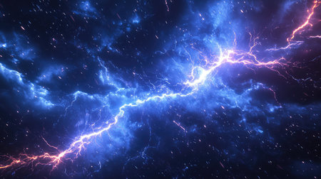 Powerful lightning bolts striking through cosmic energy field