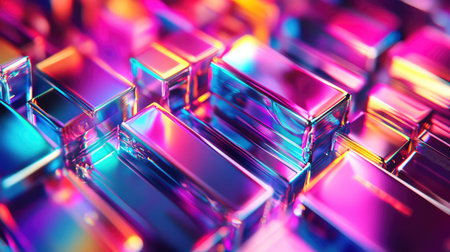 Abstract iridescent metallic blocks reflecting vibrant neon light colors