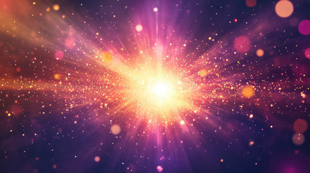 Glowing central light radiating golden and pink particles