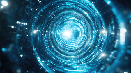 Digital data streaming through futuristic light speed tunnelの写真素材