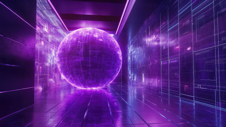 Glowing sphere representing data in futuristic digital corridor