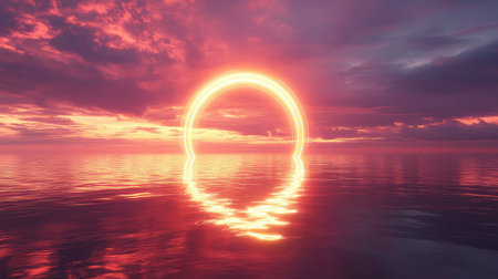 Glowing circular neon arch reflecting on tranquil ocean