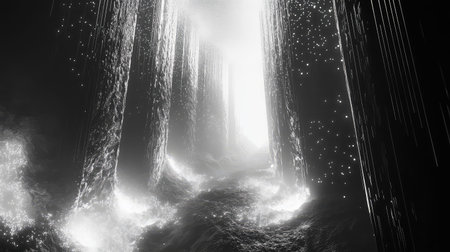 Abstract glowing cavern path with falling light particles