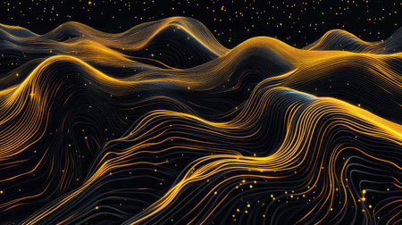 Abstract data waves flowing with glowing golden lines
