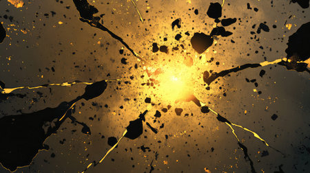 Golden light exploding through dark kintsugi surface background