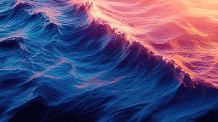 Ocean waves displaying vibrant sunset colors and dynamic movementの写真素材