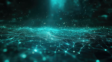 Digital network connecting data points in an abstract landscape