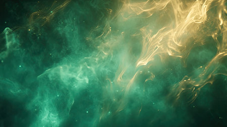 Golden fluid energy swirling in deep emerald spaceの写真素材