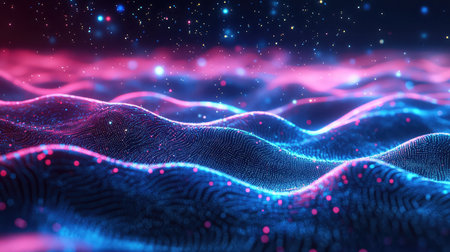 Digital wave particles creating glowing data network background