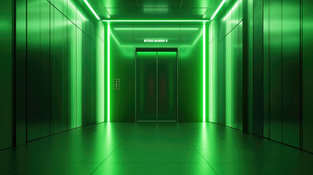 Green illuminated elevator hallway in modern architecture buildingの写真素材