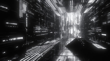Navigating digital data streams through futuristic tunnel