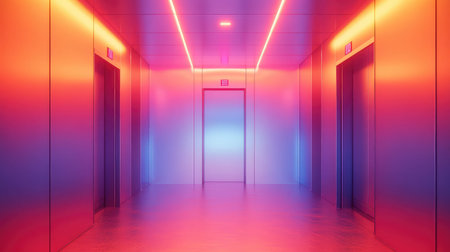 Futuristic elevator lobby with vibrant neon lighting