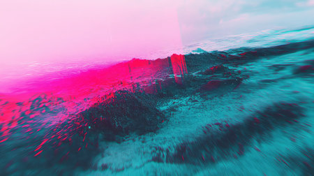 Abstract landscape with vibrant pink and teal glitch effectの写真素材