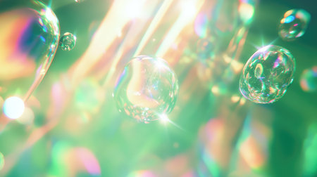 Iridescent bubbles floating in vibrant abstract light