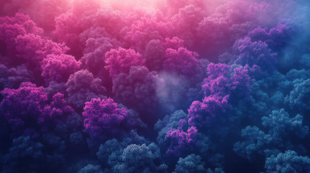 Vibrant fantasy forest landscape with pink and blue glowing treesの写真素材