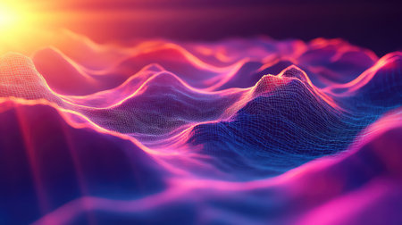 Digital data waves flowing on an abstract wireframe grid