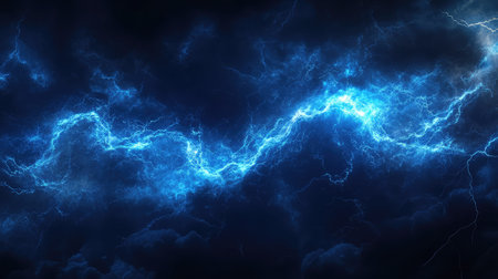 Blue lightning striking dark stormy clouds background showing power and energy