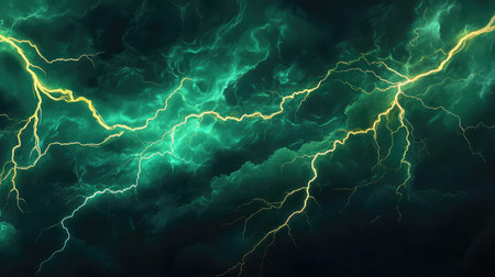 Powerful lightning striking across dark green stormy clouds