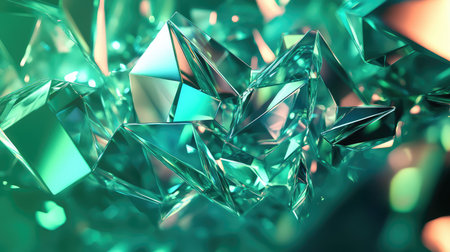 Abstract geometric emerald crystal facets reflecting lightの写真素材