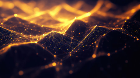 Digital network connecting data points creating glowing golden abstract background
